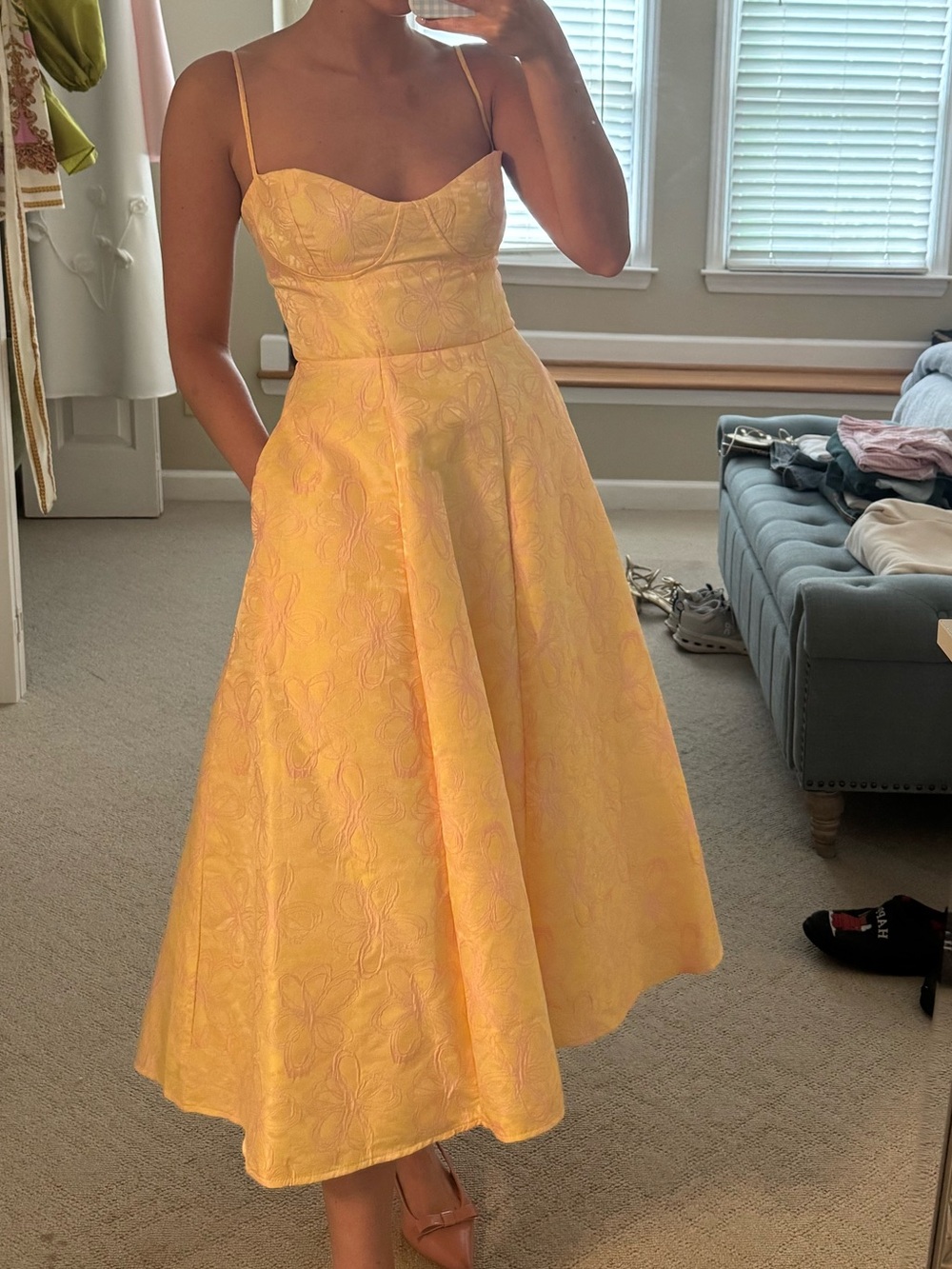 Lulu's Yellow Floral Jacquard Midi Dress